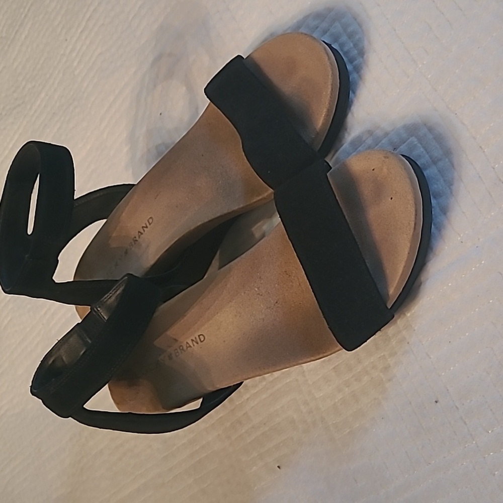 Lucky Brand Sandal Shoe Black Suede Wedge Women's 10 Ankle Strap 3" Heel Kanda